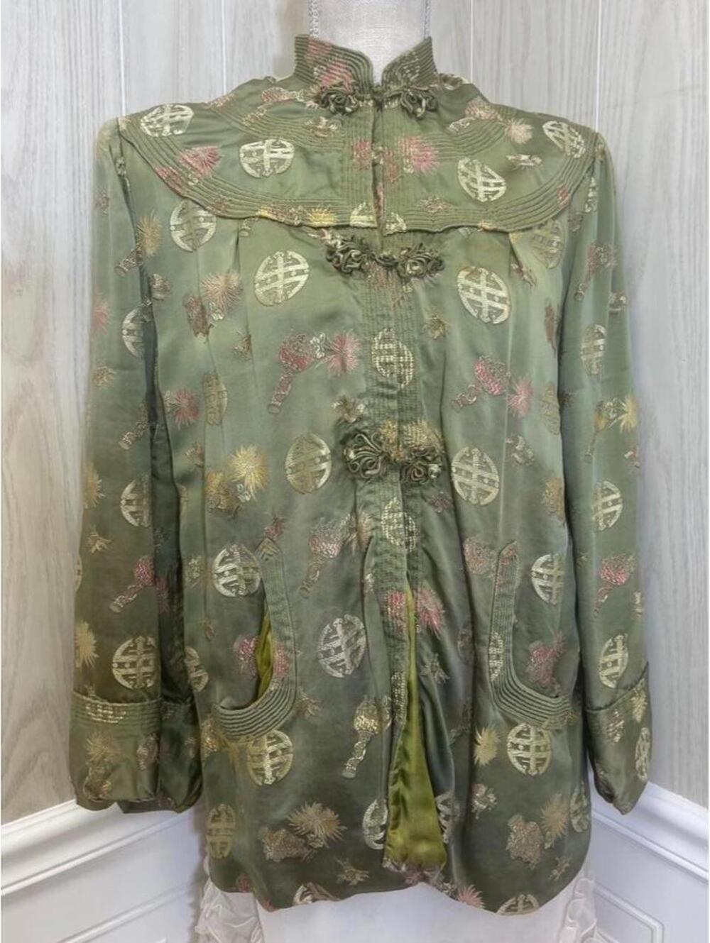 vintage tang-style sage green Chinese silk brocade jacket